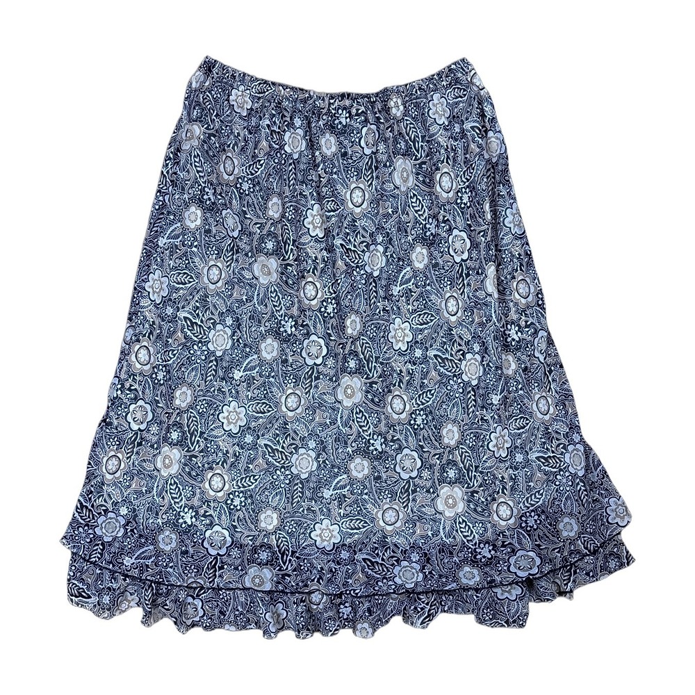 Briggs Petite Floral Midi Skirt Womens PL Blue Cream Excellent Ruffle Hem Boho - Picture 4 of 5